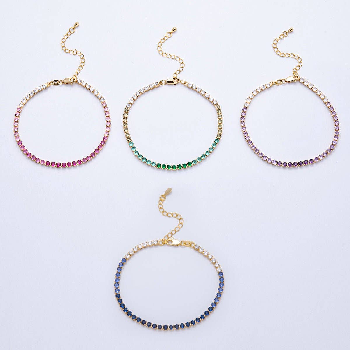18K Gold Filled 3mm Purple, Green, Pink, Blue CZ Gradient Tennis Chain 7.87 Inch Bracelet w. Extender | WA-04222