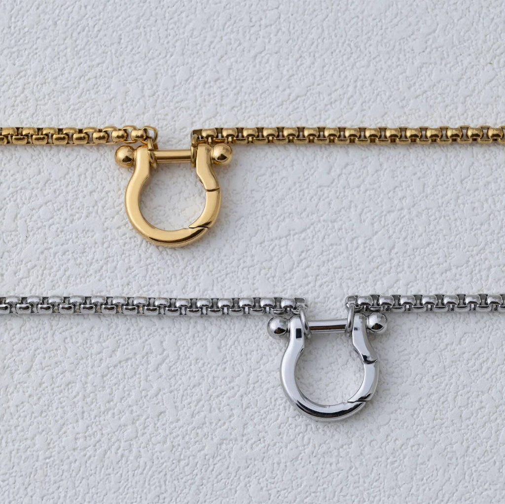 Gold and Steel Horse Shoe Carabiner Charm Holder Necklace