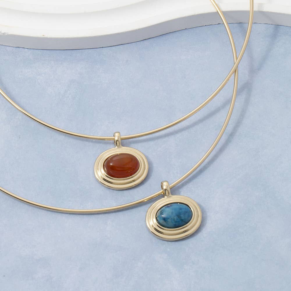 Oval Semi Stone Pendant Omega Wire Collar Necklace