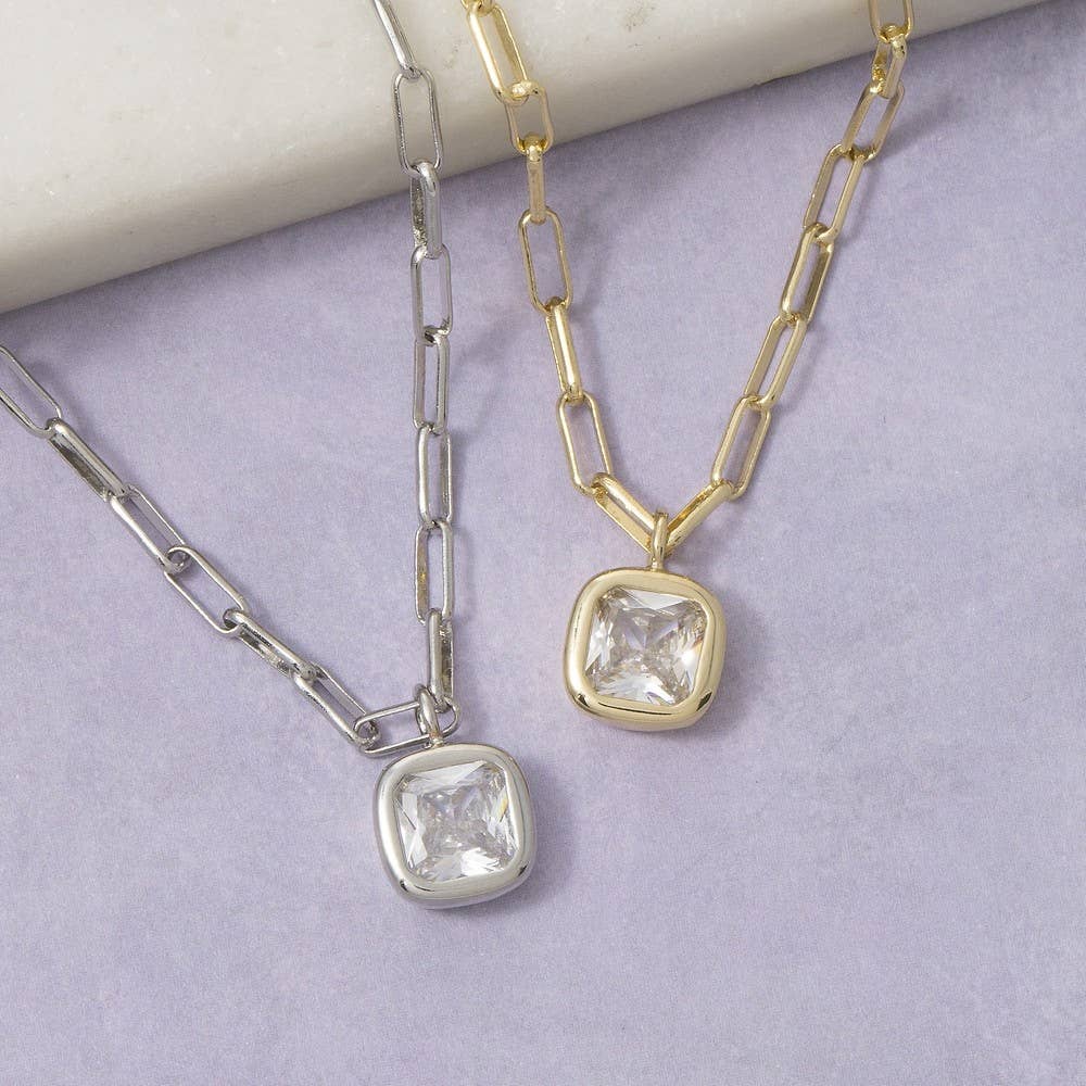 Gold Dipped Cz Cushion Cut Bezel Paperclip Necklace