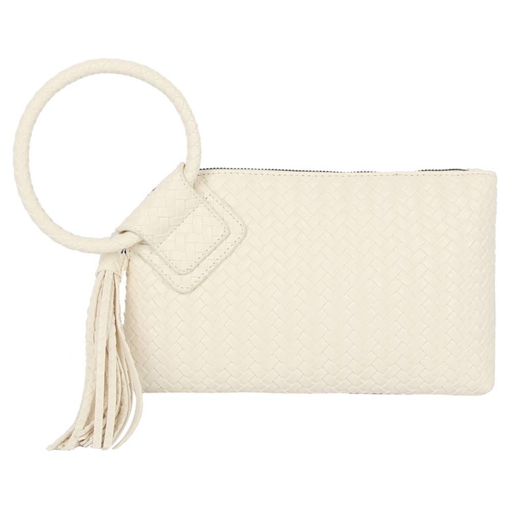 Faux Leather Woven Fringe Cuff Handle Clutch Bag