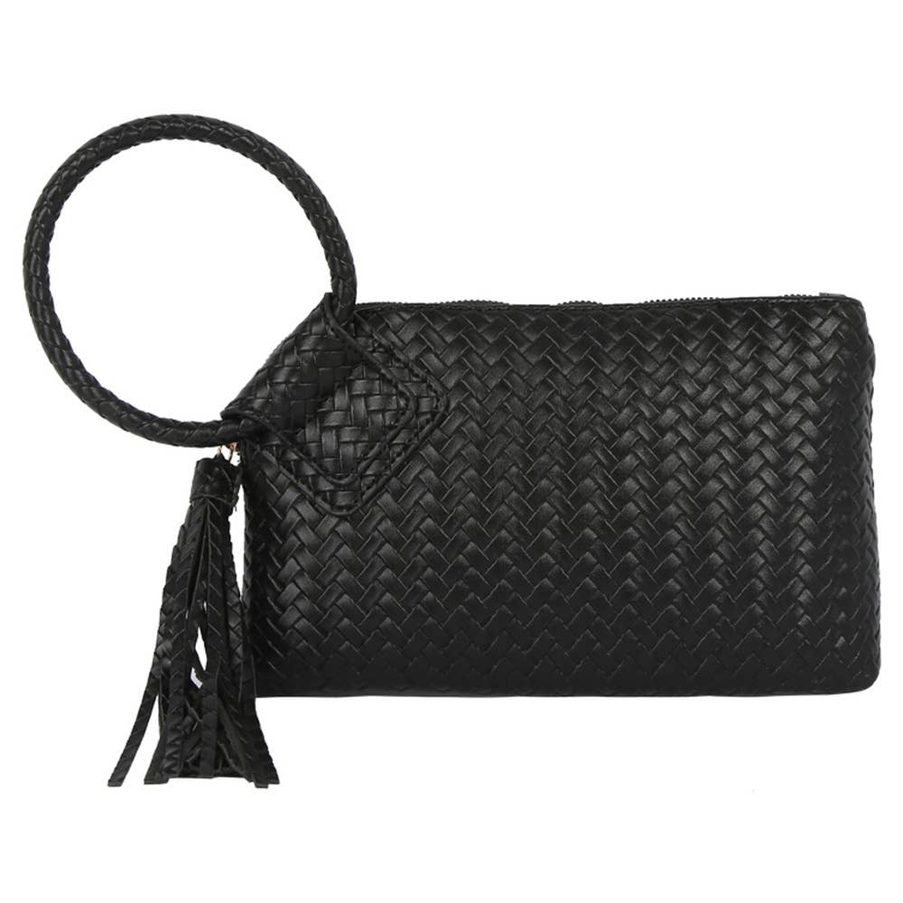 Faux Leather Woven Fringe Cuff Handle Clutch Bag