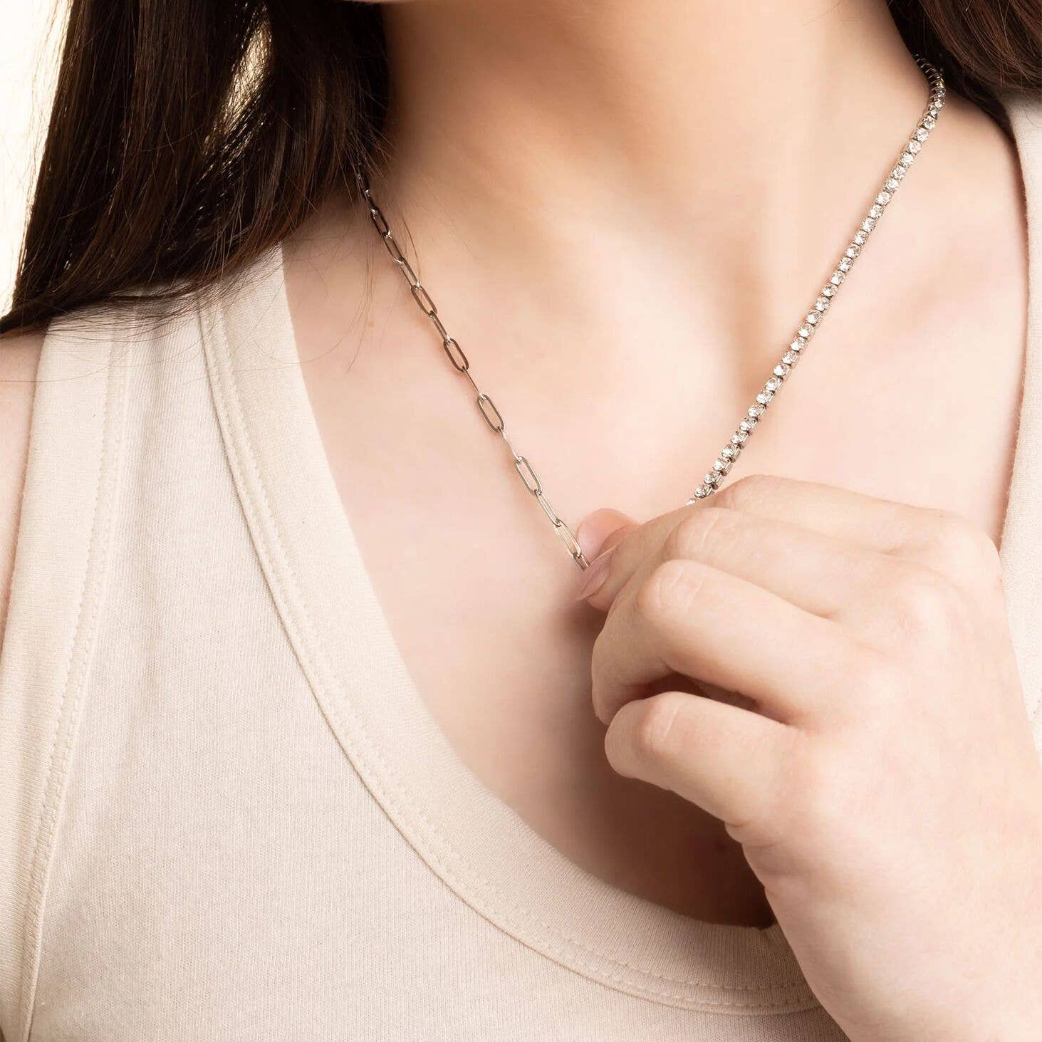 Paperclip Tennis Chain Split Necklace