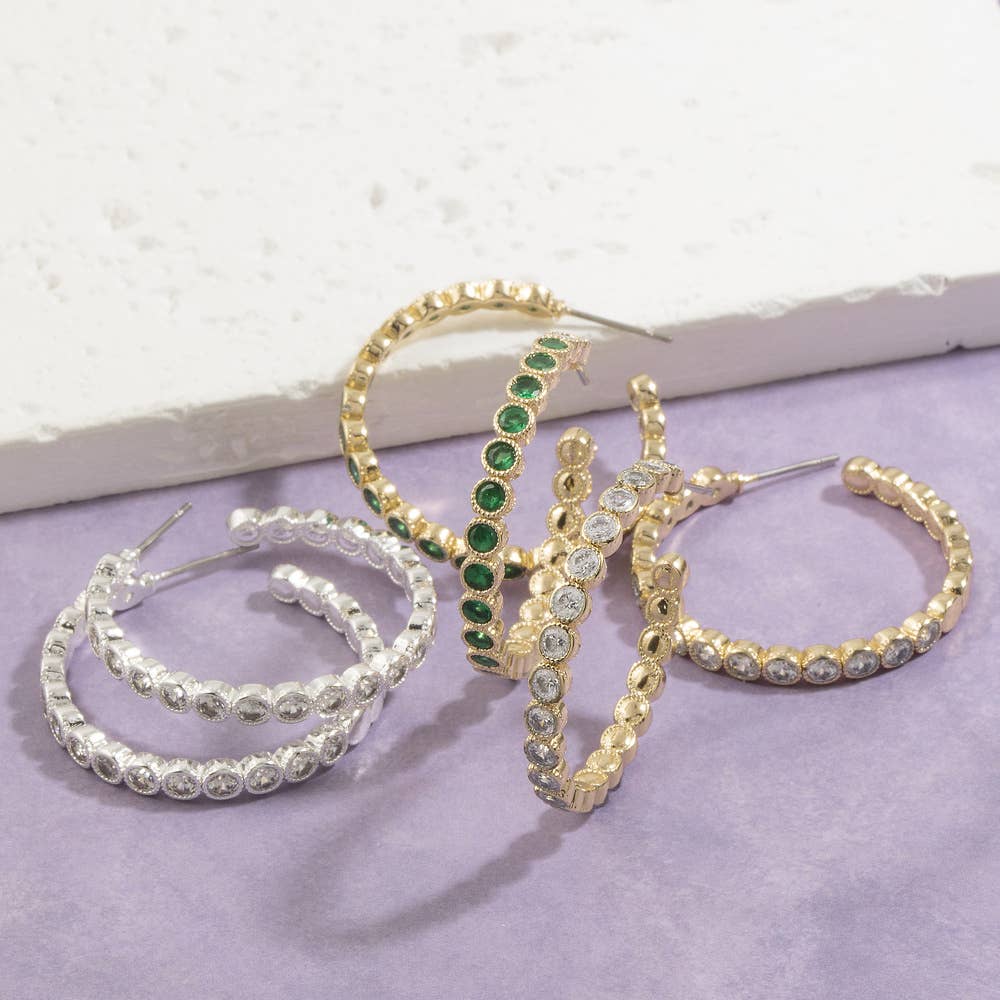 Bezel Set Cz Hoop Earrings