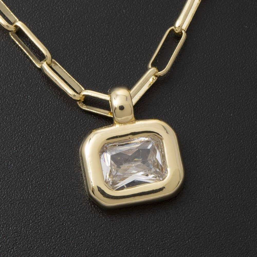 Gold Dipped Cz Emerald Cut Bezel Paperclip Necklace