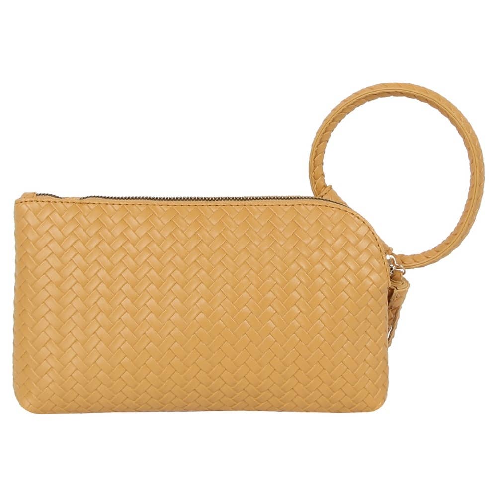 Faux Leather Woven Fringe Cuff Handle Clutch Bag