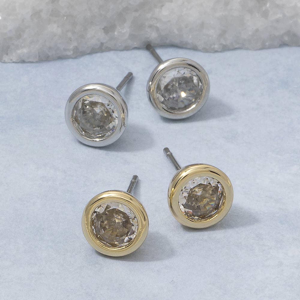 Gold Dipped Round Bezel Cz Stud Earrings