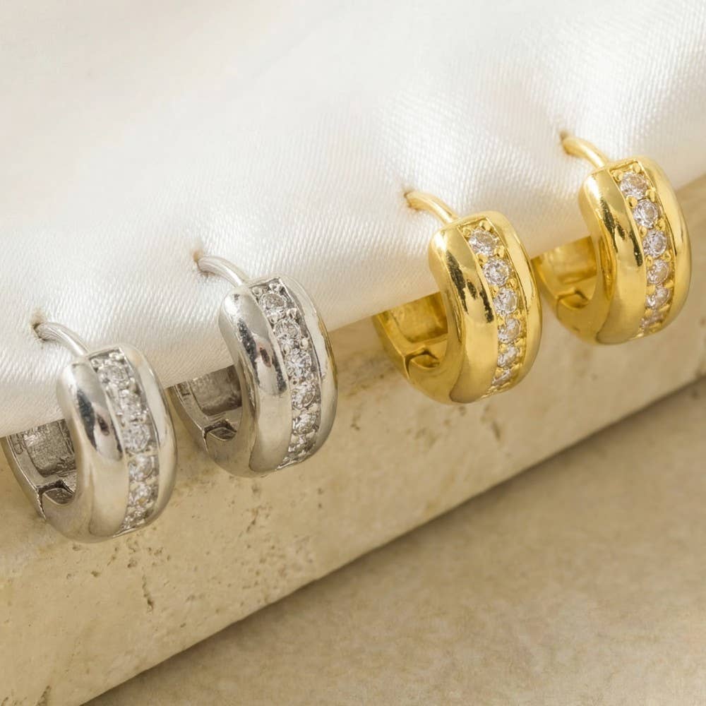Gold Dipped Cz Pave Mini Hinge Hoop Earrings