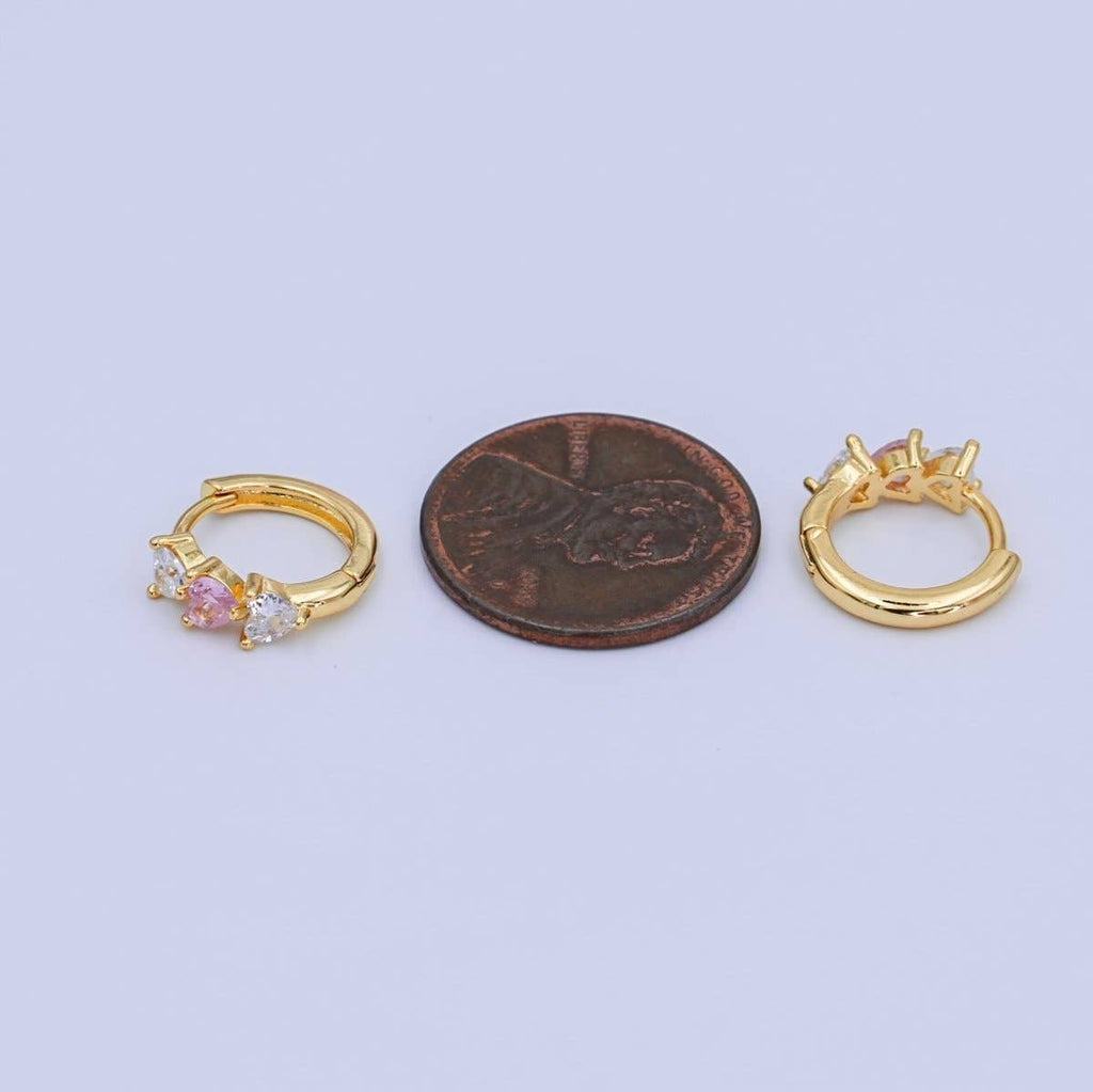 24K Gold Filled 11.5mm Clear Pink CZ Heart Cartilage Huggie Earrings | T294