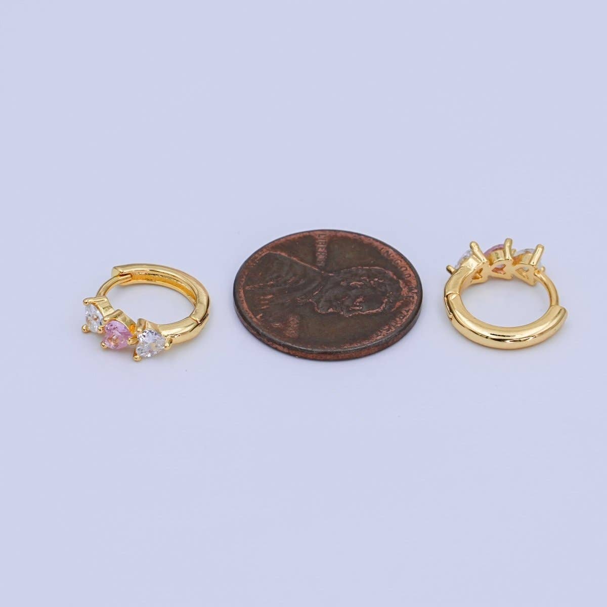 24K Gold Filled 11.5mm Clear Pink CZ Heart Cartilage Huggie Earrings | T294