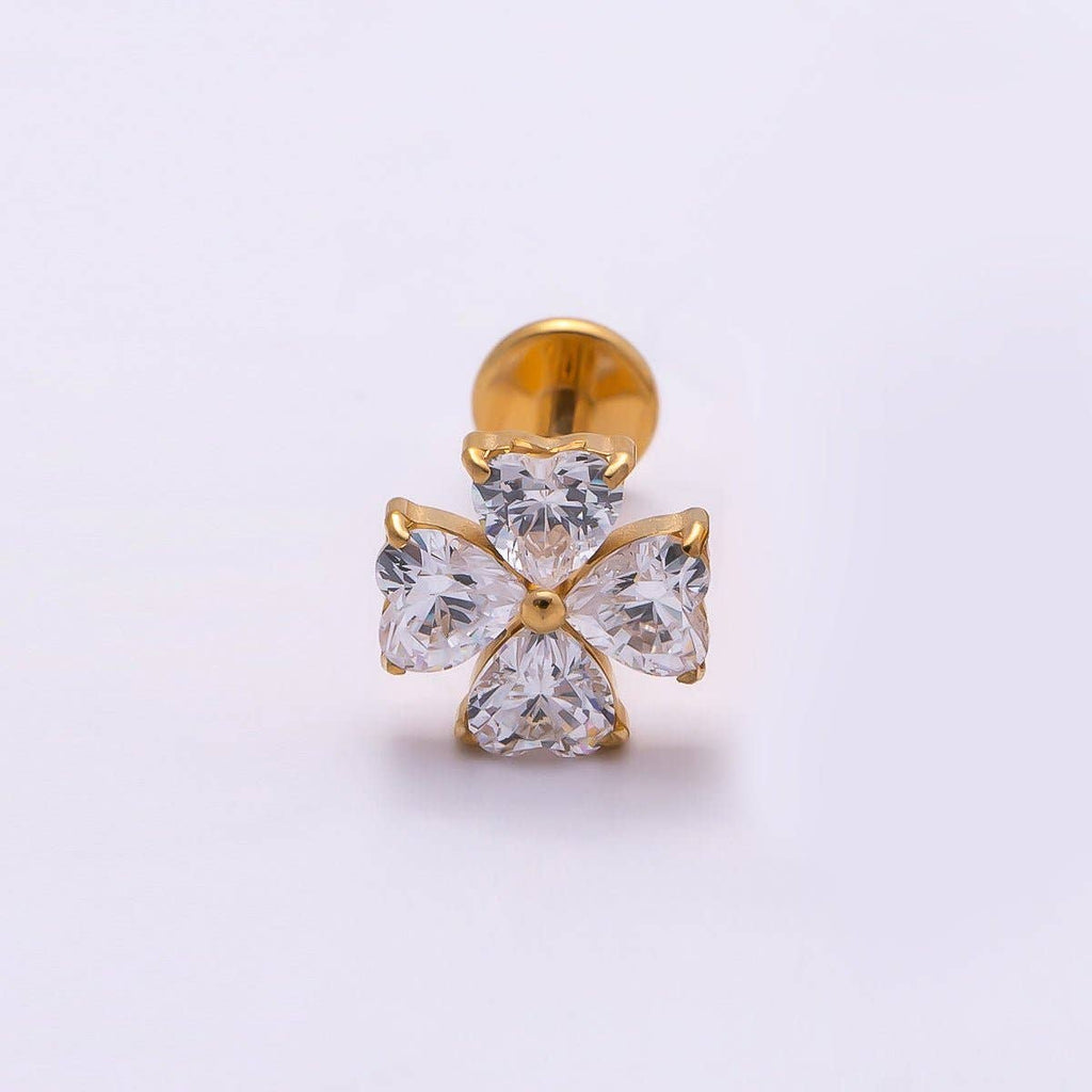 Titanium 6.6mm Clear CZ Heart Clover Single Cartilage Piercing Flat Back Stud in Gold & Silver | Findings-00184 Findings-00185