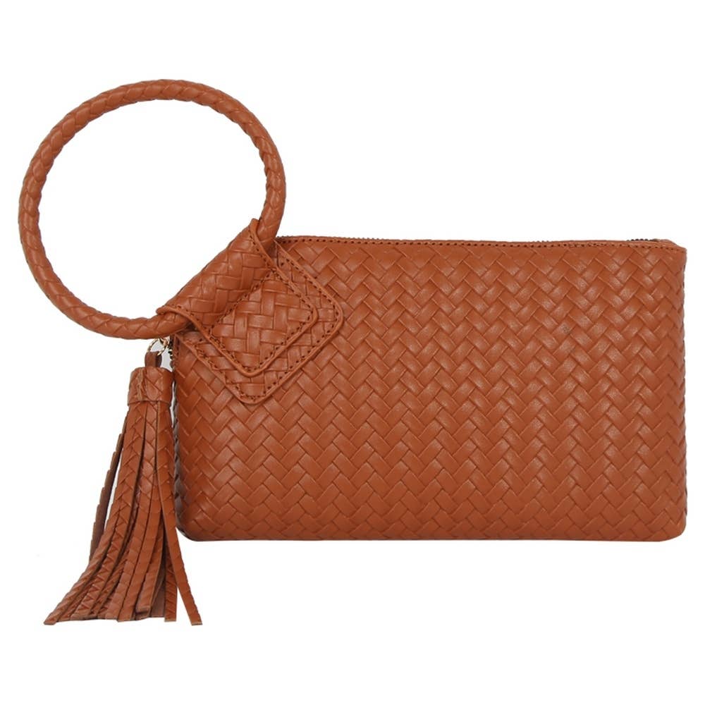 Faux Leather Woven Fringe Cuff Handle Clutch Bag