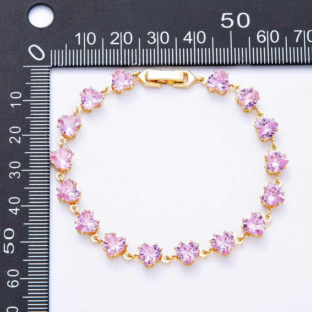 18K Gold Filled 7mm Clear, Pink CZ Heart Tennis Chain 7 Inch Bracelet | WA-04216 WA-04217