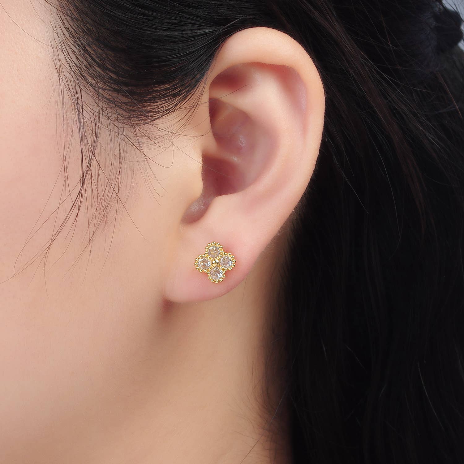 24K Gold Filled Fuchsia, Black, Clear Clover Stud Earring