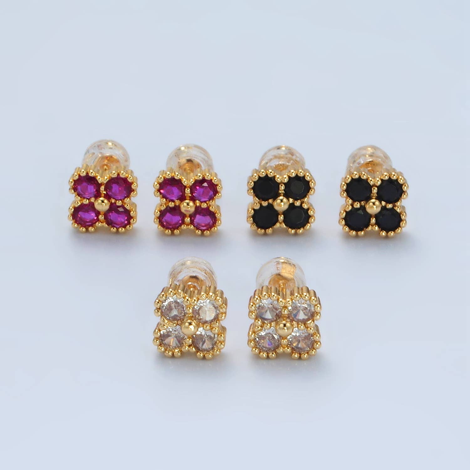 24K Gold Filled Fuchsia, Black, Clear Clover Stud Earring