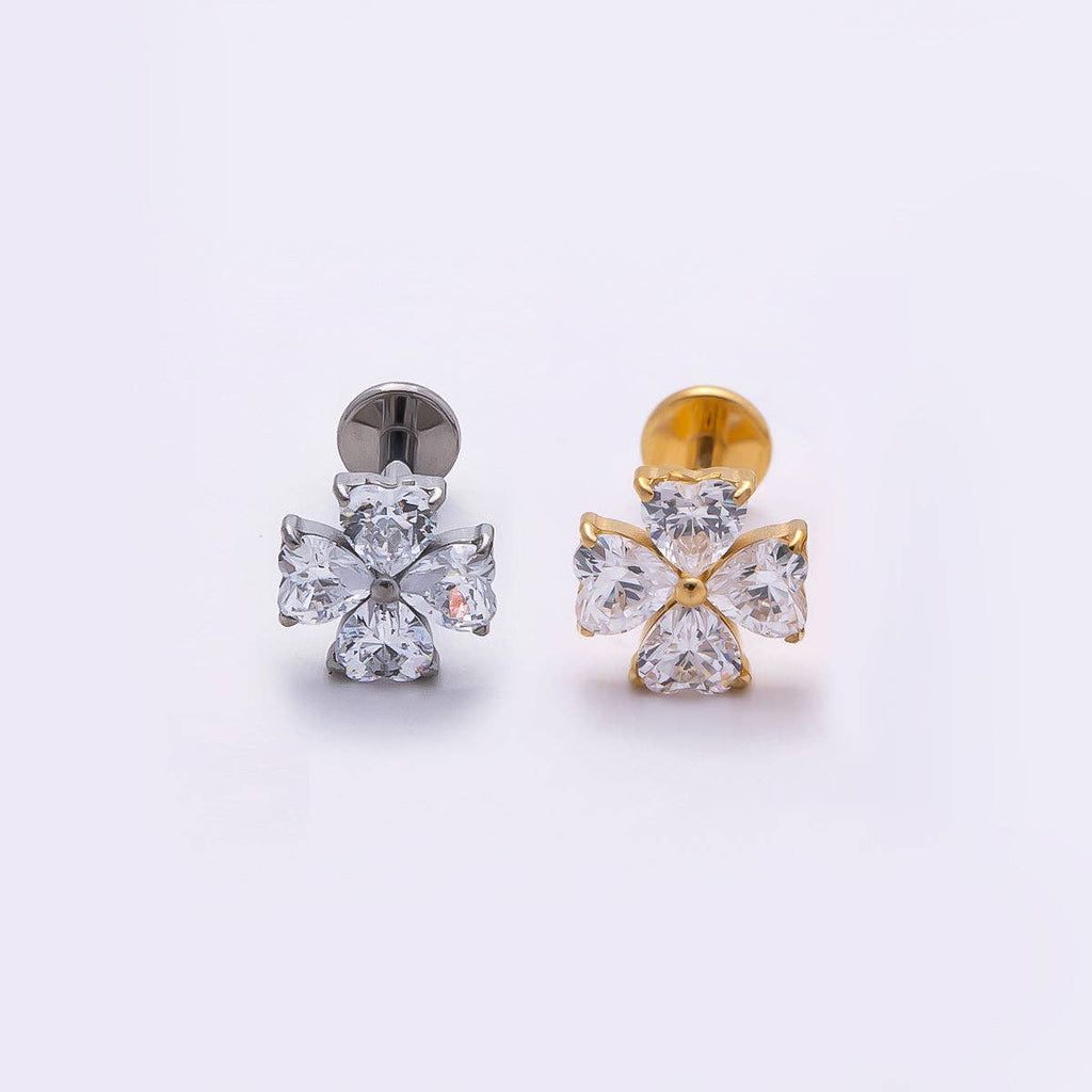 Titanium 6.6mm Clear CZ Heart Clover Single Cartilage Piercing Flat Back Stud in Gold & Silver | Findings-00184 Findings-00185